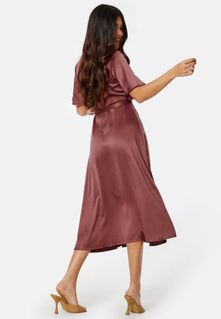 Butterfly Sleeve Wrap Satin Midi Dress