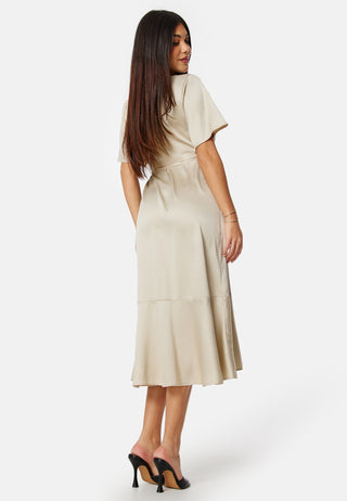 Frill Wrap Satin Midi Dress