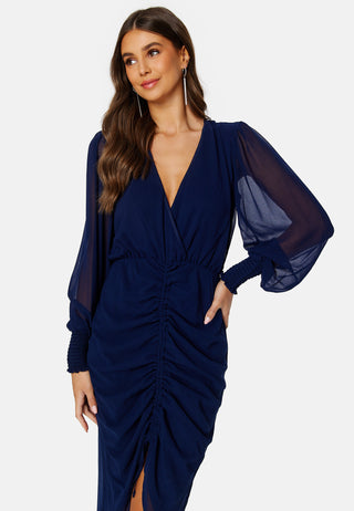 Long Sleeve Chiffon Rouched Midi Dress