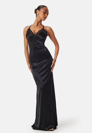 Satin Lace Trim Maxi Dress