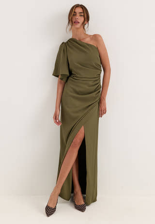 Ruched One Shoulder Gown Green