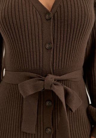 Rib Knitted Cardigan Dress Brown