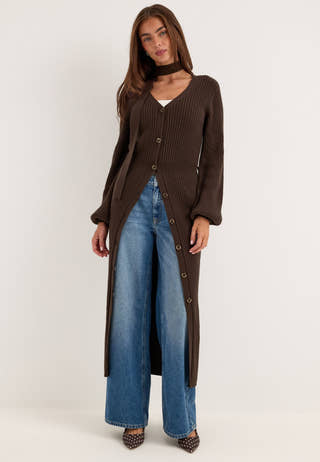 Rib Knitted Cardigan Dress Brown