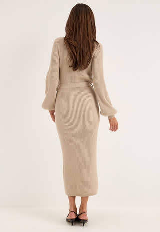 Rib Knitted Cardigan Dress Beige