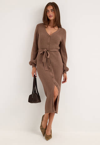 Rib Knitted Cardigan Dress Brown