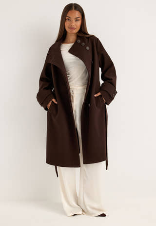 High Neck Midi Coat Brown