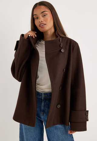 High Neck Short Coat Brown