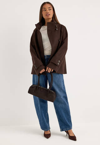 High Neck Short Coat Brown