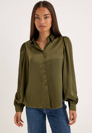 Puff Sleeve Satin Shirt Green