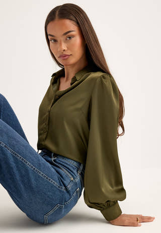Puff Sleeve Satin Shirt Green