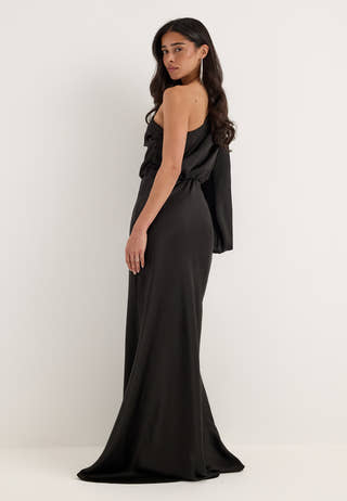 One Shoulder Satin Gown Black