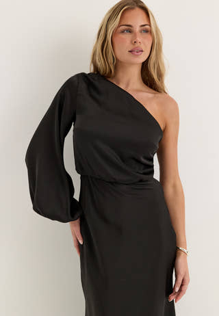 One Shoulder Satin Gown Black