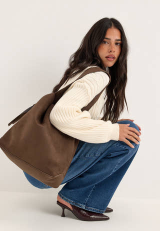 Faux Suede Large Tote Bag Brown