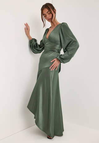 Satin Balloon Sleeve High Low