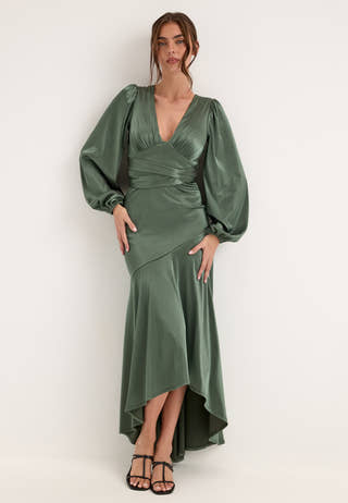 Satin Balloon Sleeve High Low