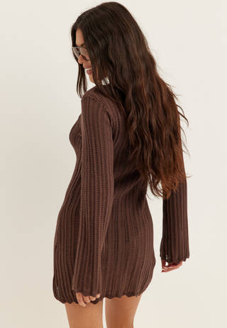 Boat Neck Structure Knitted Short Dress