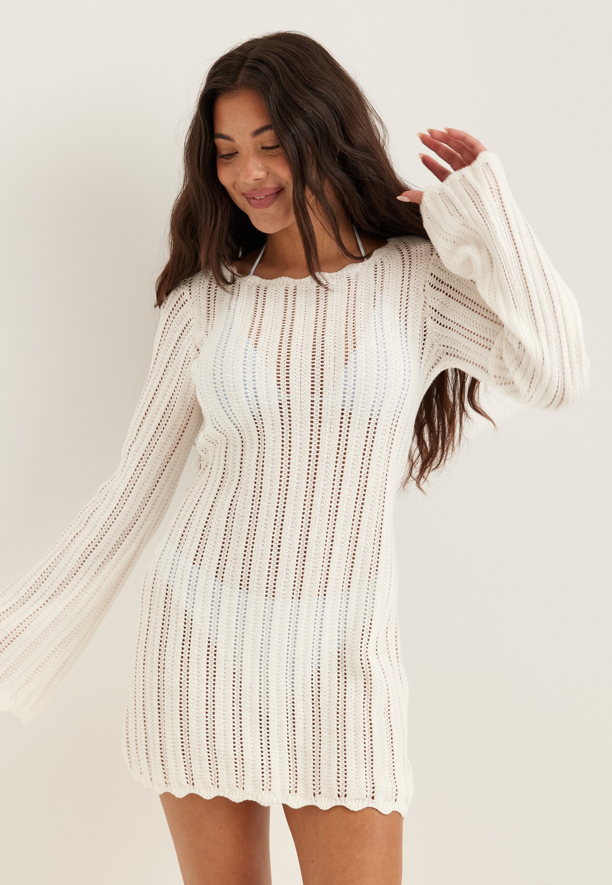 Boat Neck Structure Knitted Short Dress