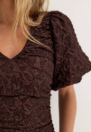 Puff Sleeve V-neck Jaqcuard Gown Brown