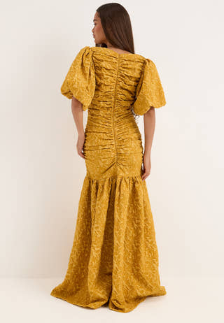Puff Sleeve V-neck Jaqcuard Gown Yellow