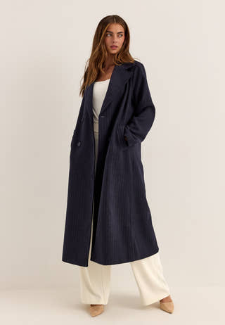 Straight Wool Blend Coat Striped