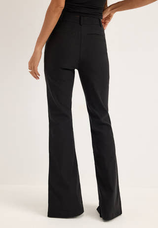 Mid Waist Stretchy Flared Slit Trousers Black