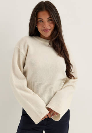 Knitted Wool Blend Wide Sleeve Sweater White