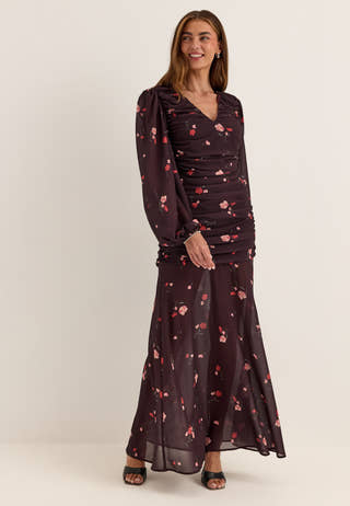 Balloon Sleeve Chiffon Maxi Dress Patterned