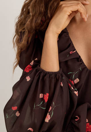 Balloon Sleeve Chiffon Maxi Dress Patterned