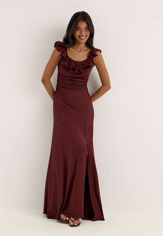 Flounce Neckline Soft Gown Red