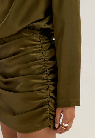 Ruched Satin Mini Dress Green