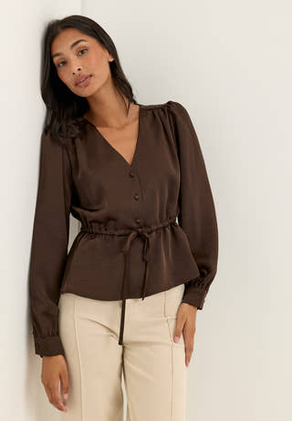 Satin Puff Sleeve Blouse Brown