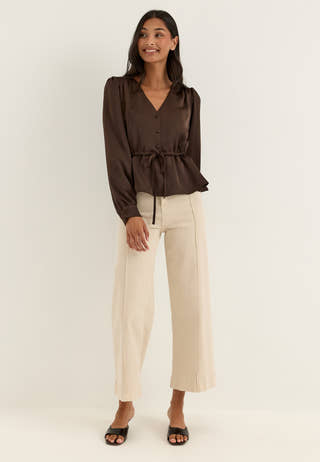 Satin Puff Sleeve Blouse Brown