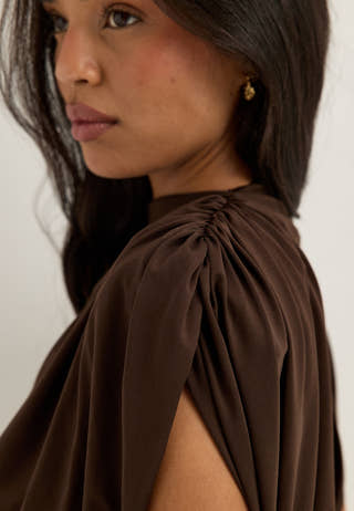 Asymmetric Flounce Soft Dress Brown