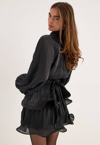 Balloon Sleeve Short Flounce Dress Black