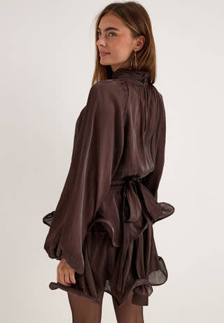 Balloon Sleeve Short Flounce Dress Brown