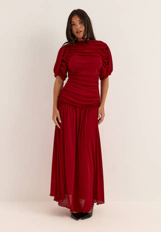 Draped Ruched Ankle Dress Red