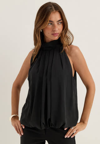 High Collar Tie Blouse Black