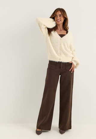 Fluffy Knitted V-neck Cardigan White