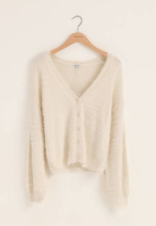 Fluffy Knitted V-neck Cardigan White