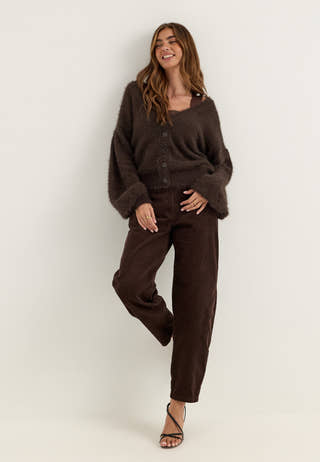 Fluffy Knitted V-neck Cardigan Brown