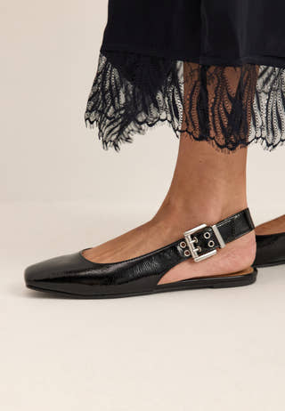 Biarose Karré Flat Buckle Slingback Faux Leather Black
