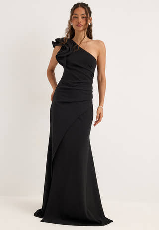 One Shoulder Ruffle Stretch Gown Black