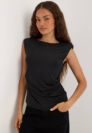 Power Shoulder Sparkling Top Black