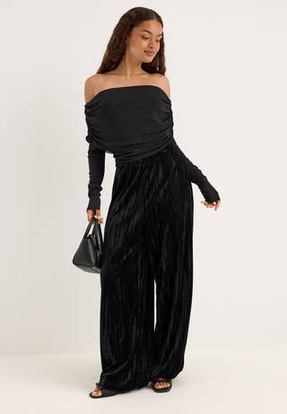Fold-down Velvet Balloon-Hem Jumpsuit Black