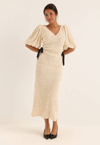 Puff Sleeve Sequin Ankle Dress White