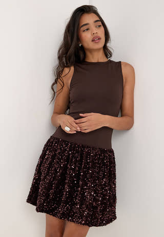 Vibelieve S/S MIX SEQUINS DRESS Brown