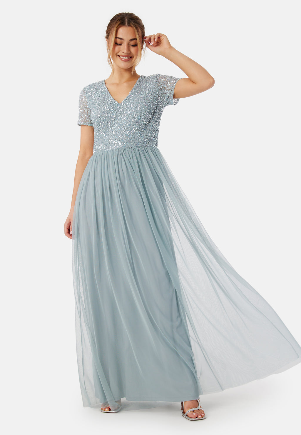 Angeleye – Short Sleeve Sequin Embellished Maxi Dress – Bridesmaid dresses – Blue