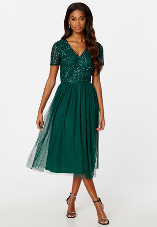 Short Sleeve Sequin Embellished Midi Dress
