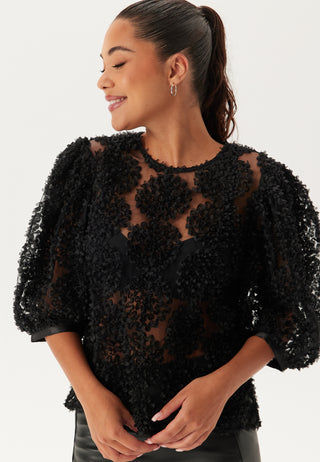 3D Flower Puff Sleeve Blouse