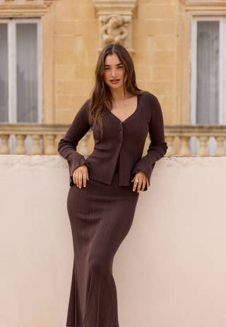 Bubbleroom – Knitted V-neck Dress – Dresses – Brown